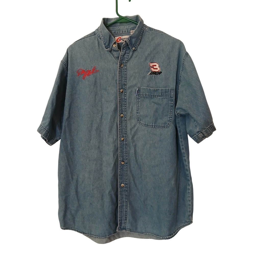 Vtg Competitors View Large Dale Earnhardt Sr NASCAR Denim Shirt Mens Large Blue